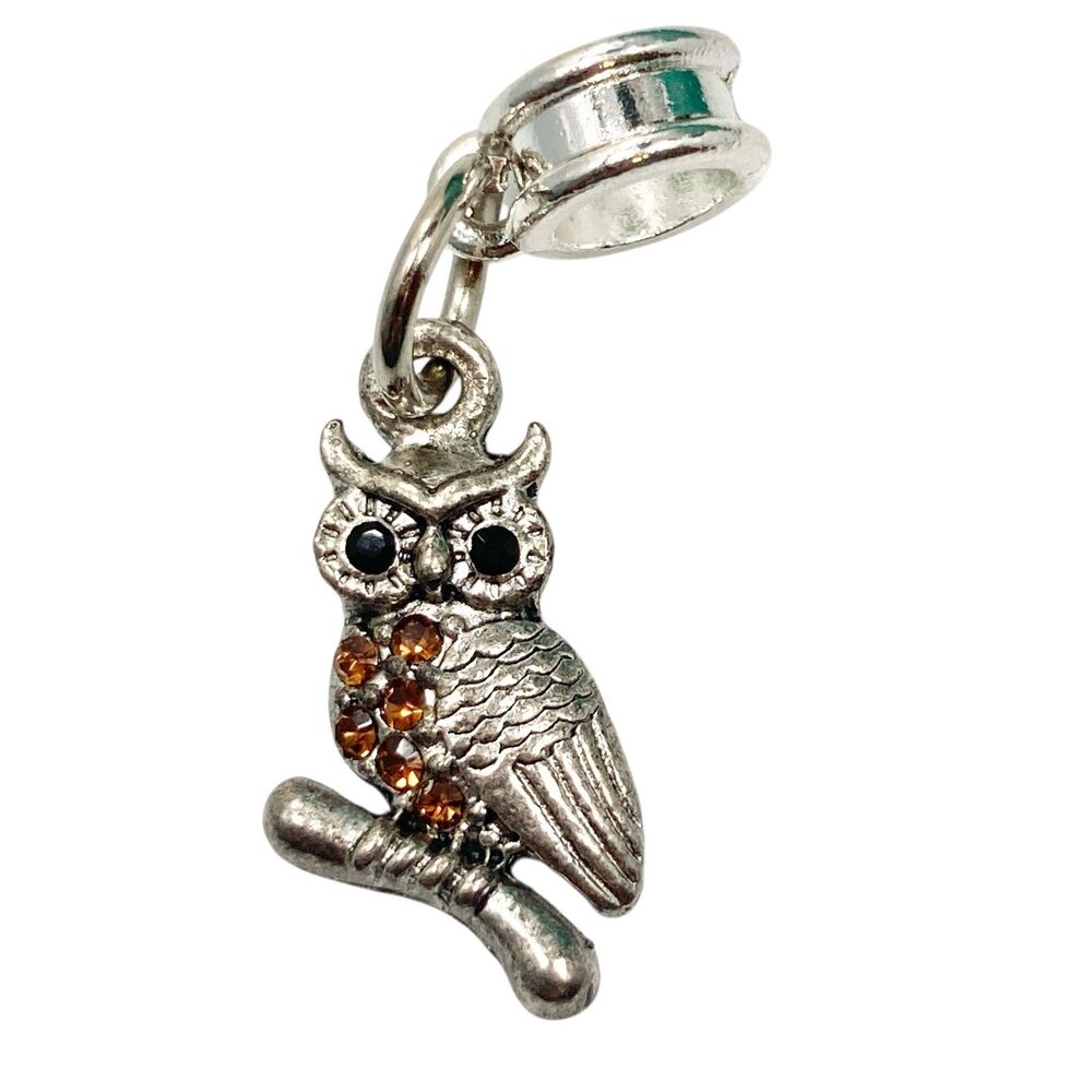 Vintage Owl European Slider Charm  Crystal Silver Tone For Bracelet Necklace